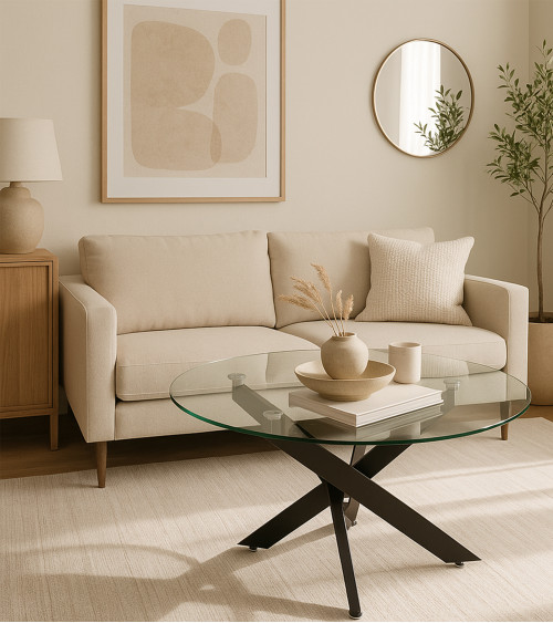 Mesa centro de cristal redonda DAN con patas cruzadas