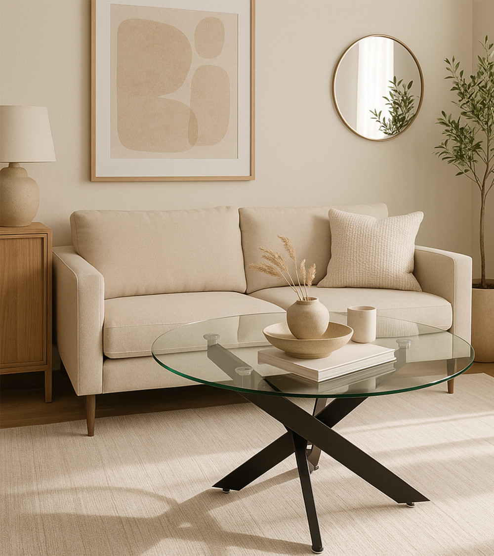 Mesa centro de cristal redonda DAN con patas cruzadas