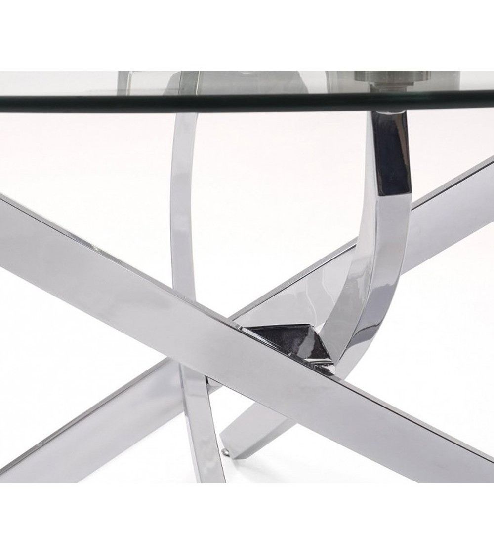 Mesa centro de cristal redonda DAN con patas cruzadas