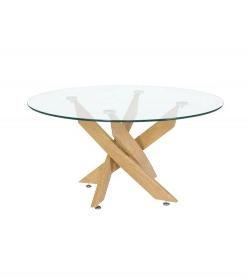 Mesa centro de cristal redonda DAN con patas cruzadas